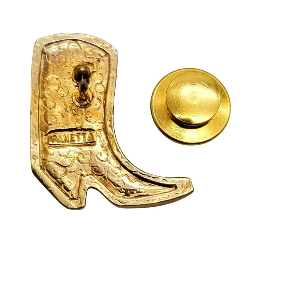 Panetta Boot Lapel Pin Cowboy Cowgirl Gold Tone Tie Tack Figural Novelty Jewelry